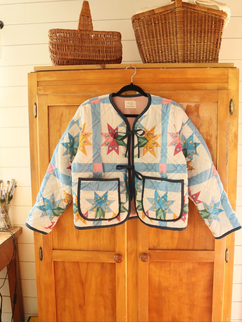 Upcycled Quilt Jacket Made From Blanket Patchwork Motif With Bows M • L